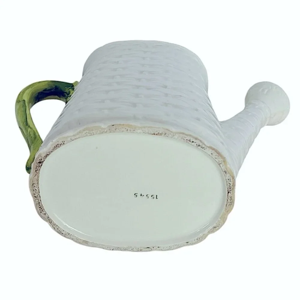 Vintage Basket Weave Ceramic Watering Can Planter Numbered Multi Use White Green